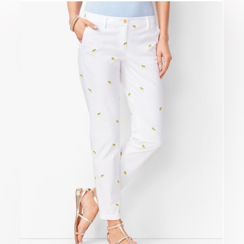Talbots Girlfriend Chino White Pants Yellow Lemons  Embroidered Size 16 Petite